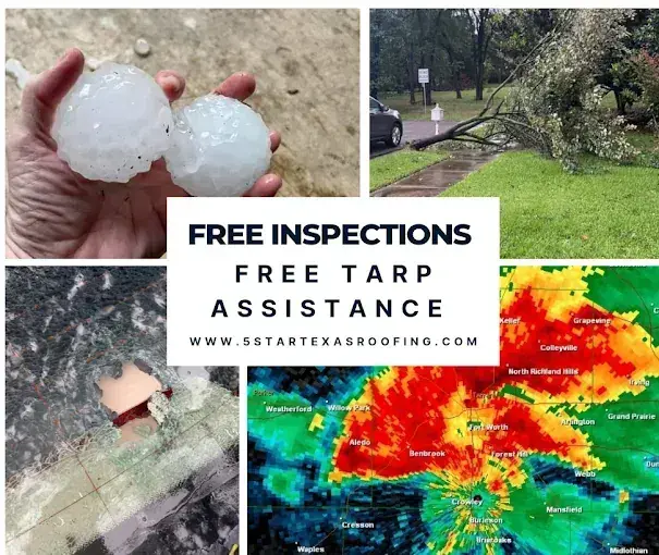 Damage inspection and tarp assistance offer; hail, fallen tree, and weather radar included.