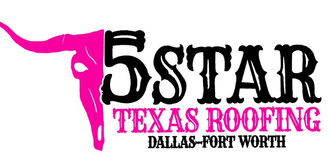 Logo for 5 Star Texas Roofing featuring a pink steer skull, black text, and the location Dallas-Fort Worth.