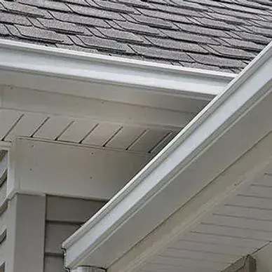 White house roof and gutter detail.